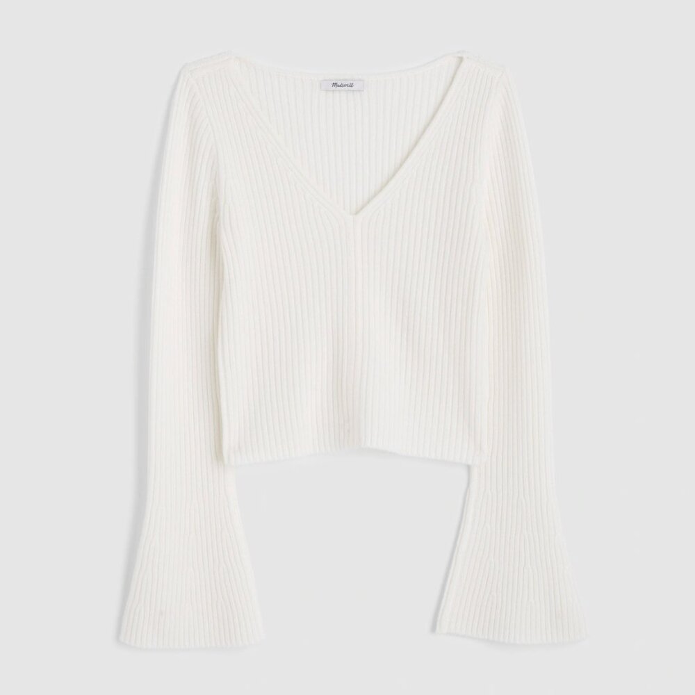 Ribbed V-Neck Sweater Top in Merino Wool